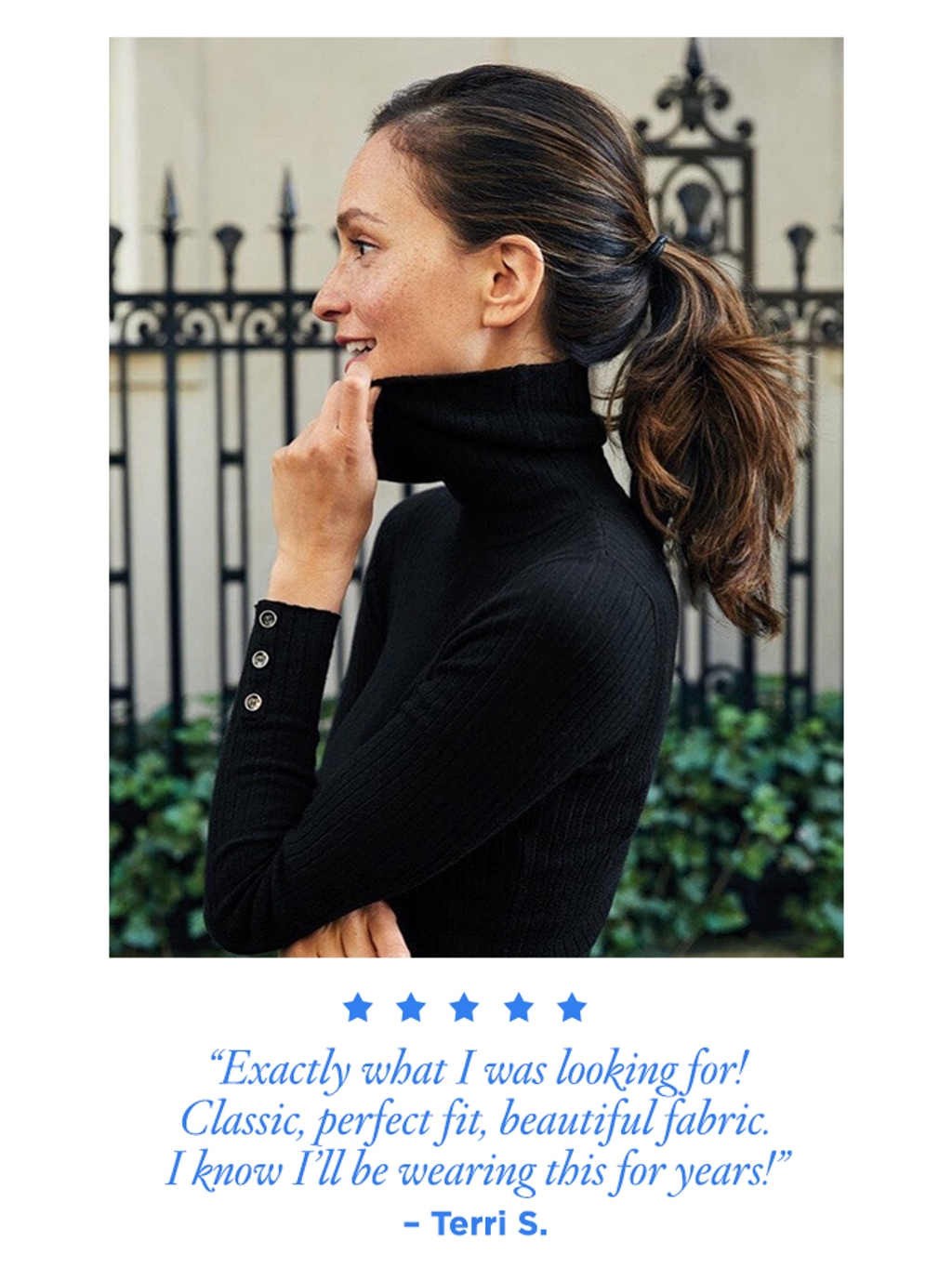 profile shot of pania wearing black arlette turtleneck
