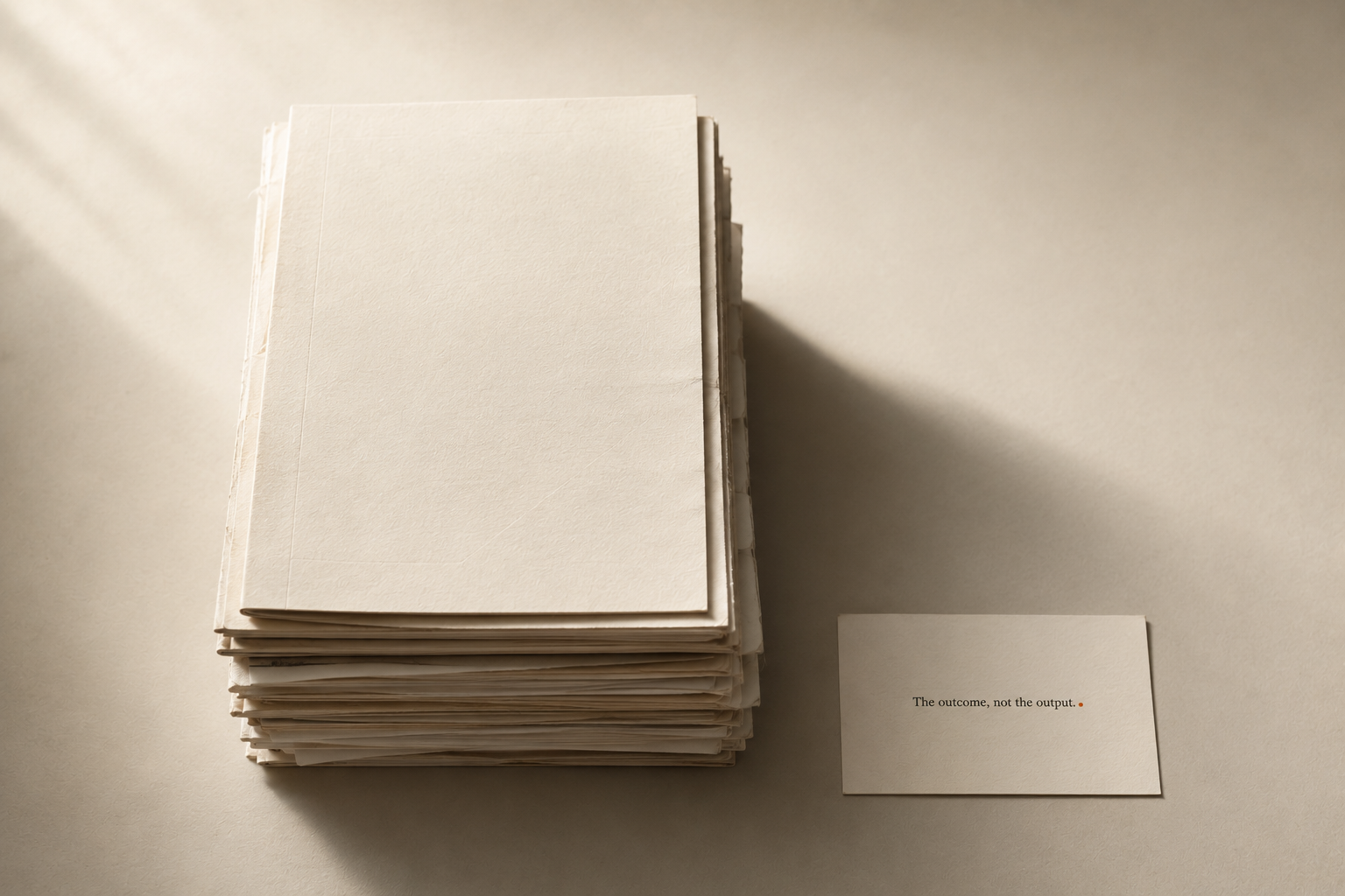 A tall stack of reports beside a single small card bearing one sentence
