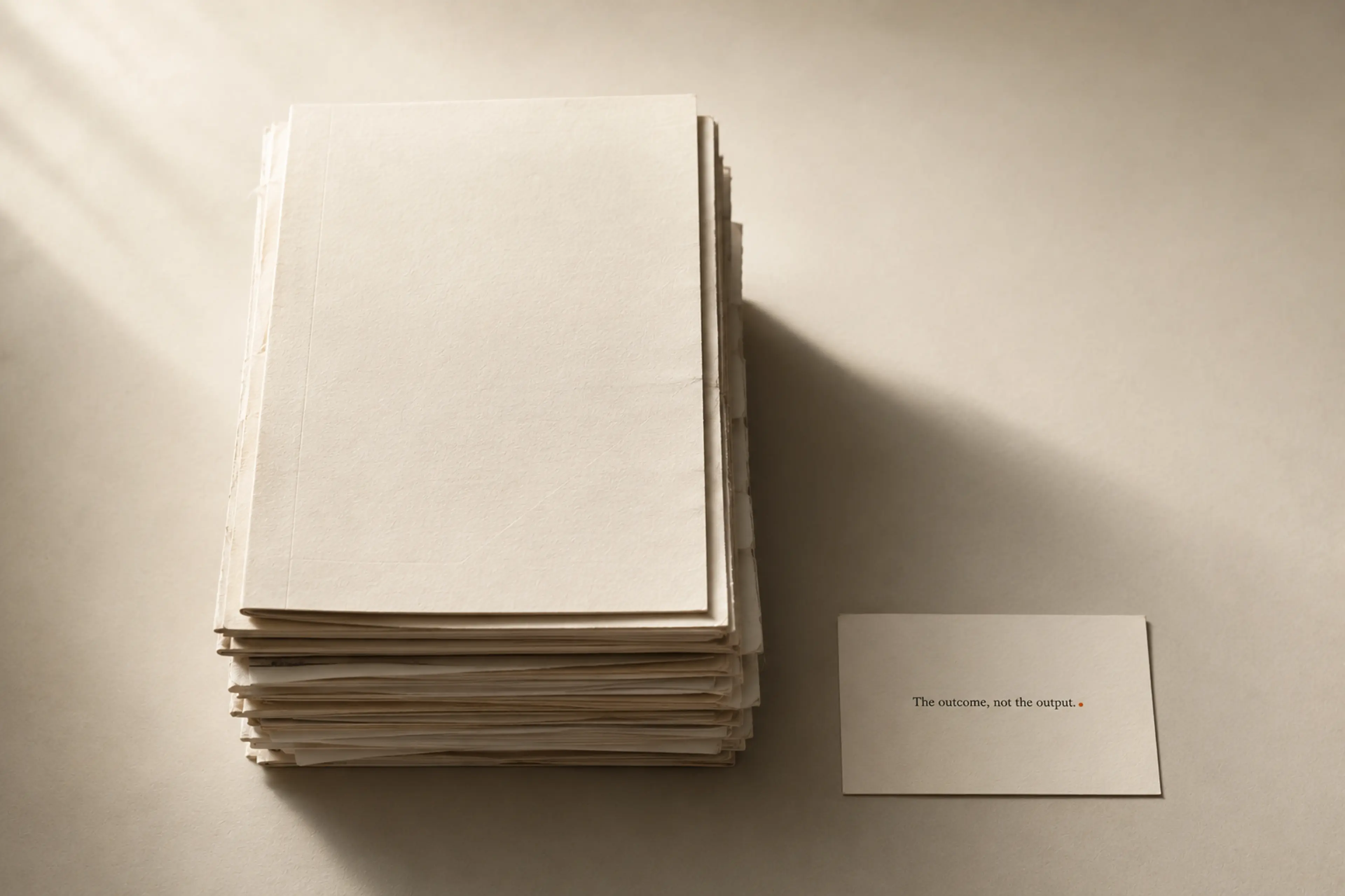 A tall stack of reports beside a single small card bearing one sentence