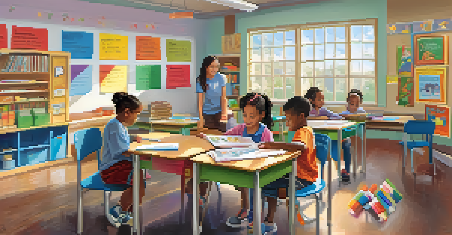 A volunteer tutoring children in a bright classroom filled with educational materials and art supplies.