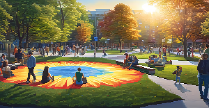 A colorful mural in an urban park, surrounded by greenery and people enjoying the art.