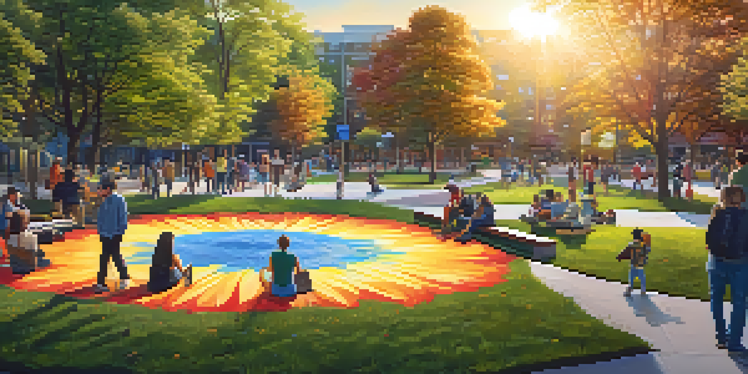 A colorful mural in an urban park, surrounded by greenery and people enjoying the art.