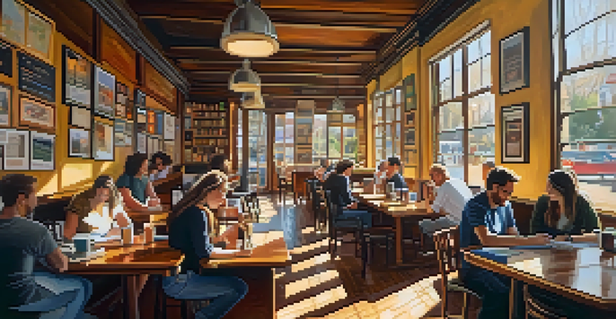 A warm and inviting coffee shop in Austin where authors are engaged in conversation, surrounded by books and local artwork.