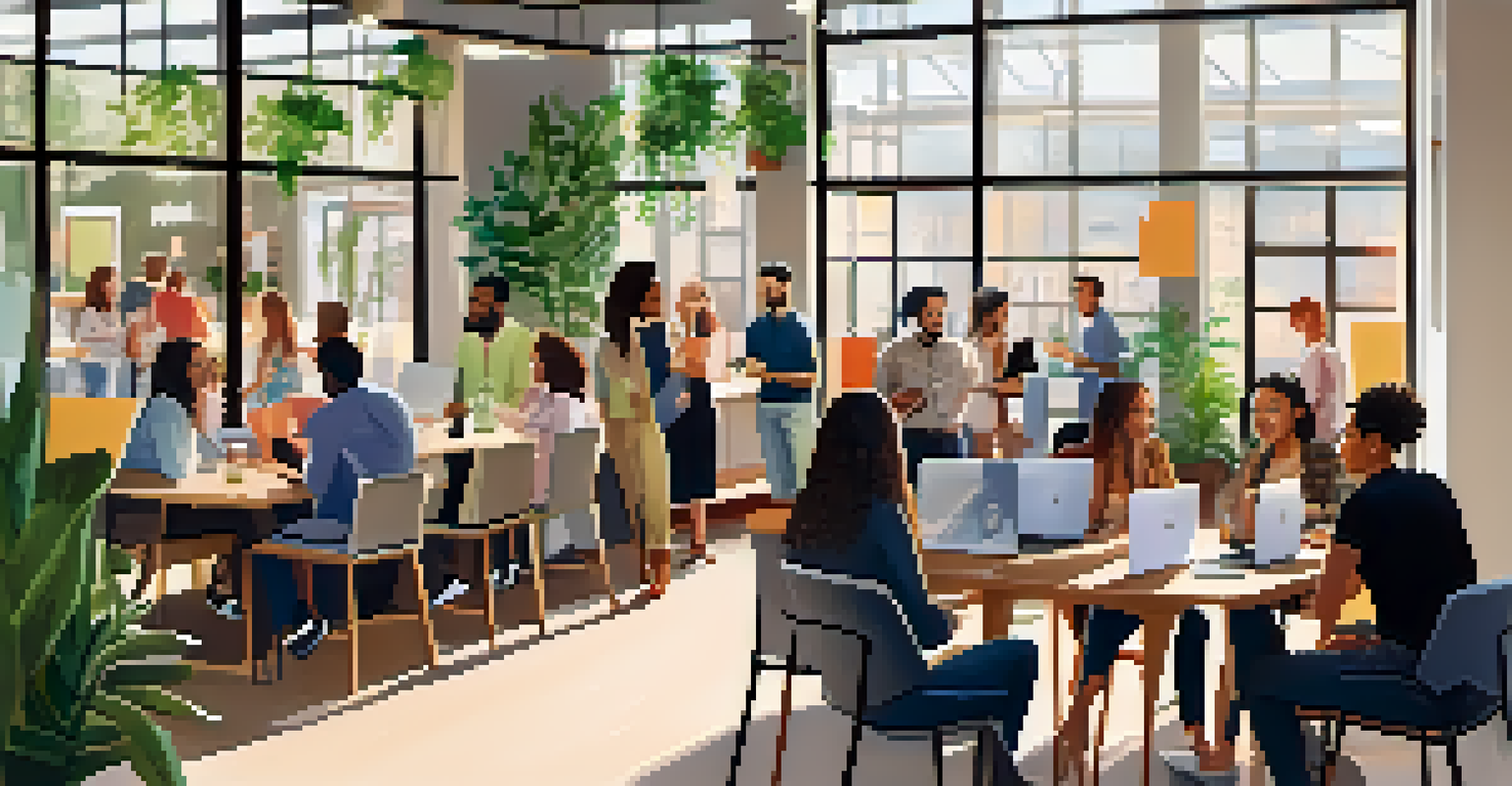 A lively networking event in a co-working space in Austin, with people collaborating and exchanging ideas.