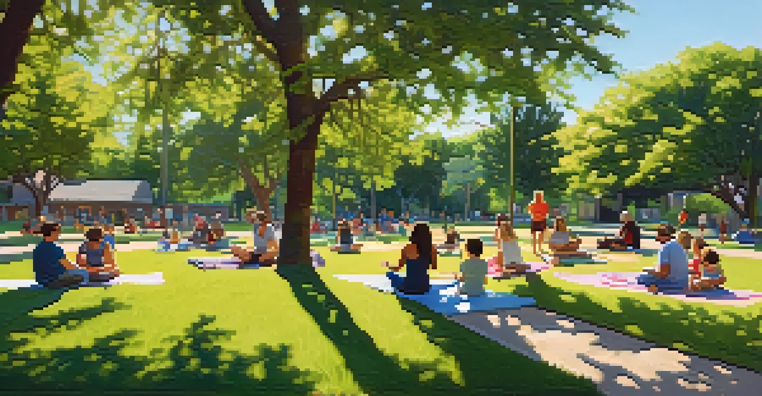 A peaceful park in East Austin with families picnicking, children playing, and people practicing yoga in a lush green setting.