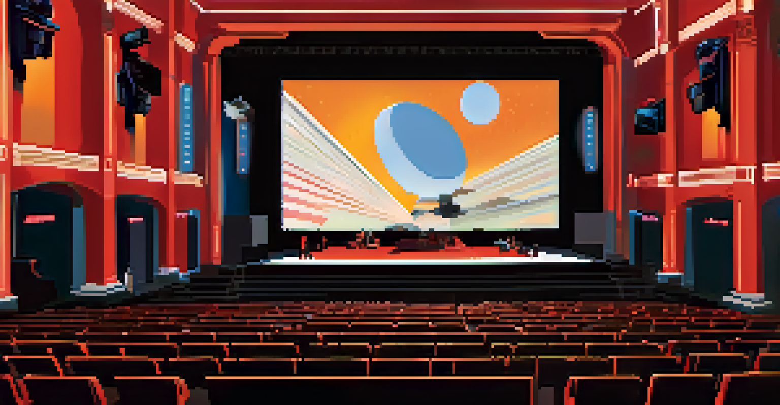 A modern scene of Austin's film festivals in the 2020s, featuring a hybrid event with both in-person attendees and virtual participants.