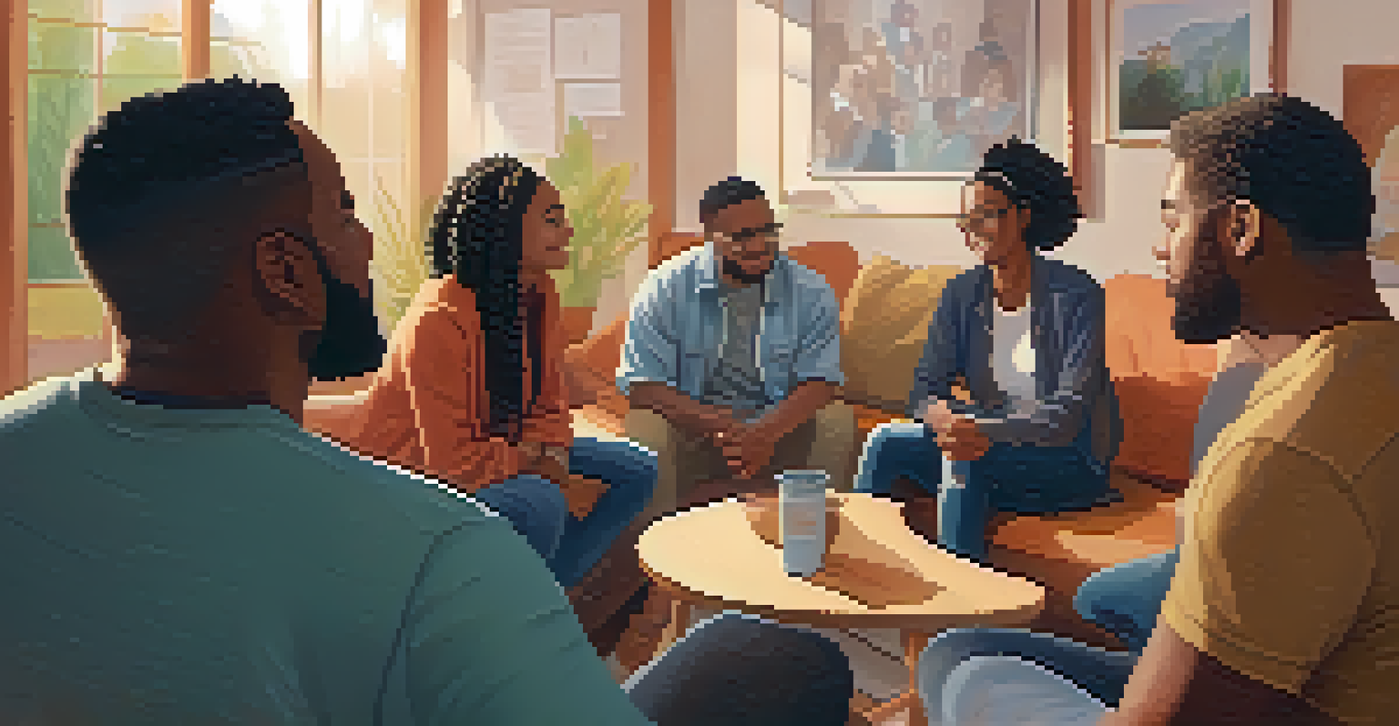 A peer support group meeting in a cozy room with individuals sharing experiences, surrounded by motivational quotes and a supportive atmosphere.