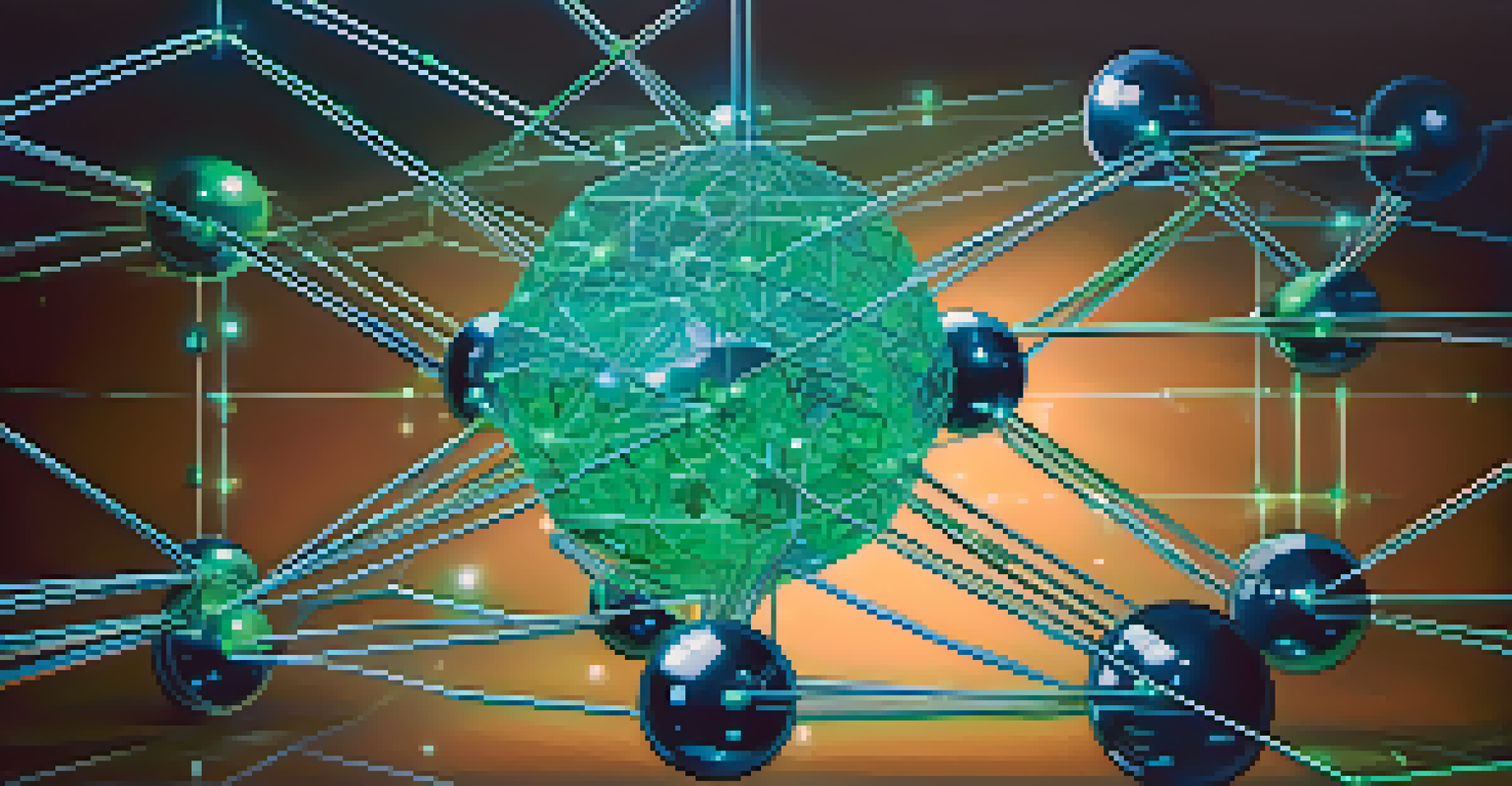A futuristic artistic representation of blockchain technology with glowing interconnected nodes in shades of blue and green against a dark blue background.