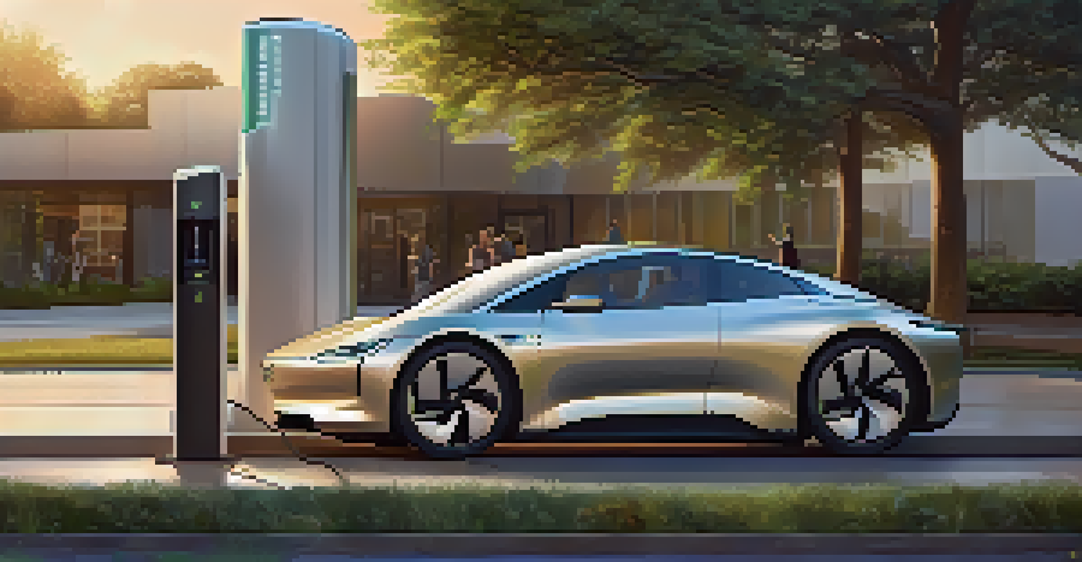 A close-up of an electric vehicle charging at a station in Austin, surrounded by greenery, with a focus on the sleek design and charging technology.