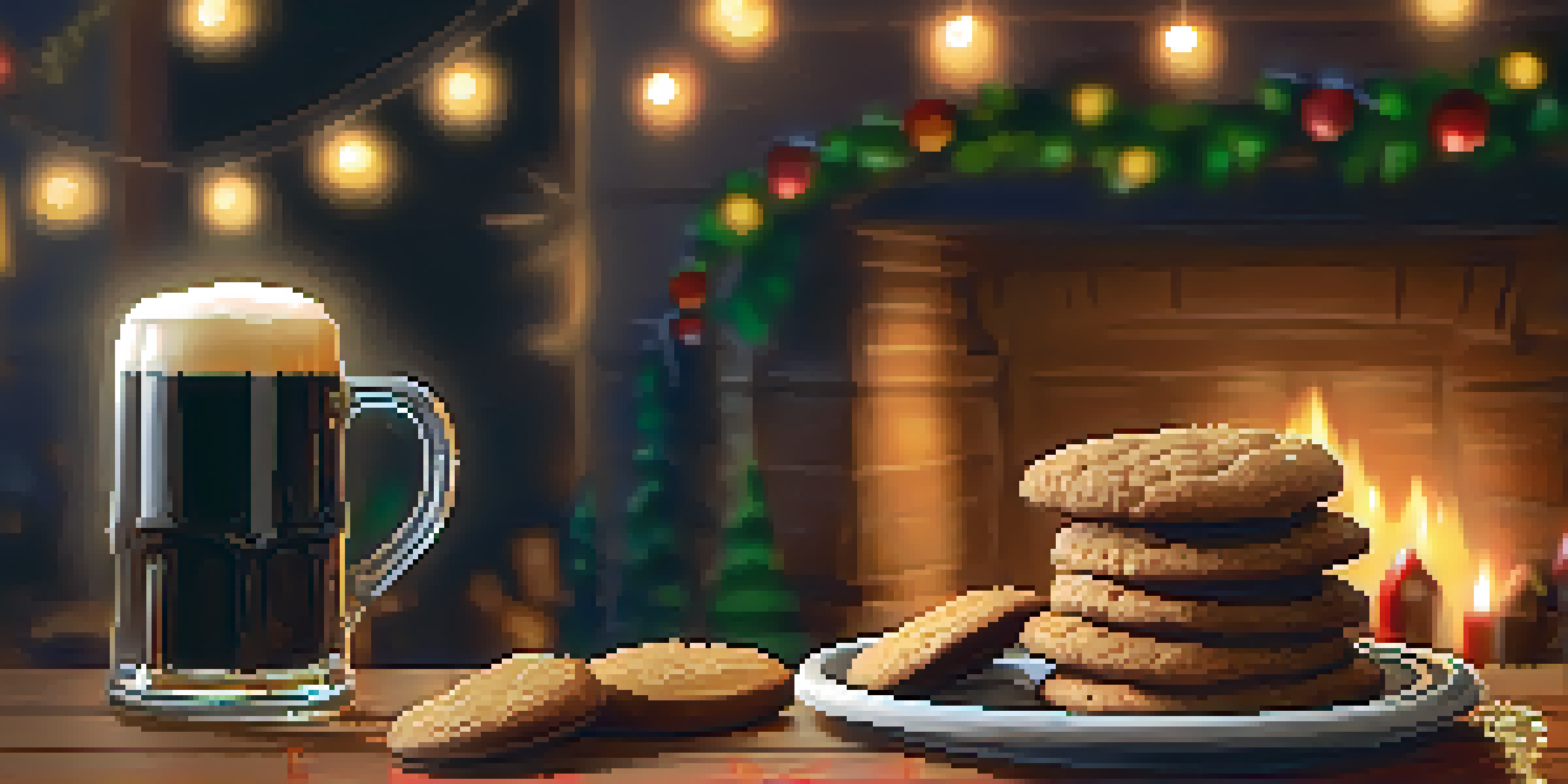A cozy room with a fireplace, a stout beer on a table, and gingerbread cookies, illuminated by warm lighting.