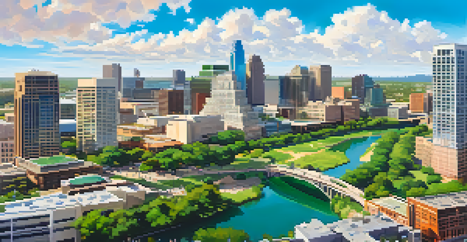 Aerial view of downtown Austin showcasing modern office buildings, co-working spaces, parks, and the Colorado River.