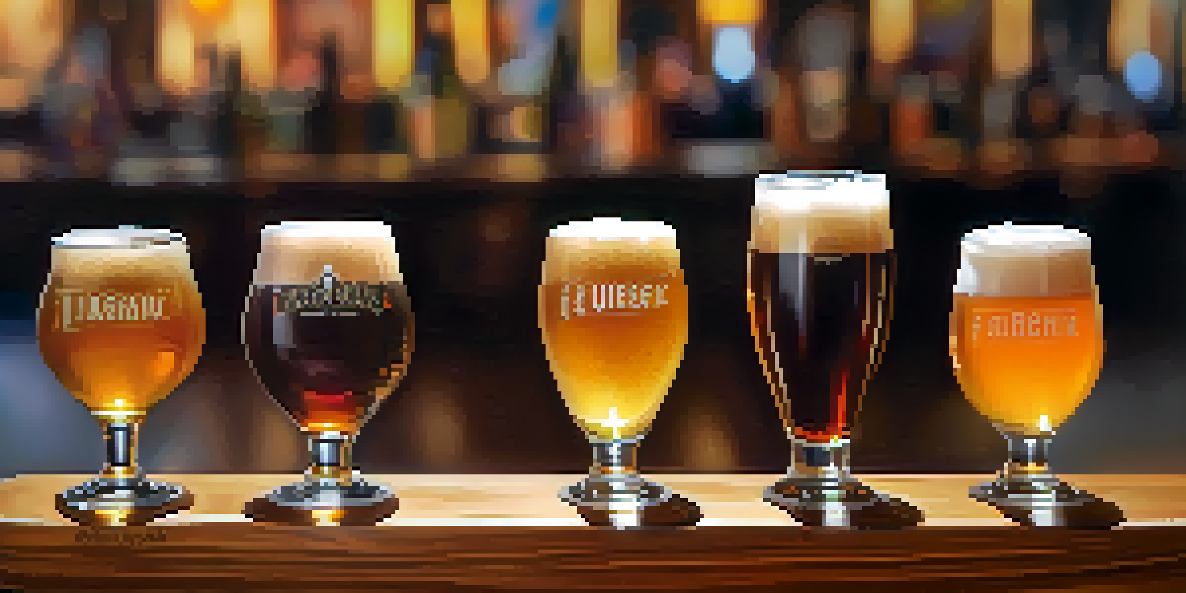 A flight of craft beers on a wooden paddle, showcasing different colors and styles with blurred patrons in the background.