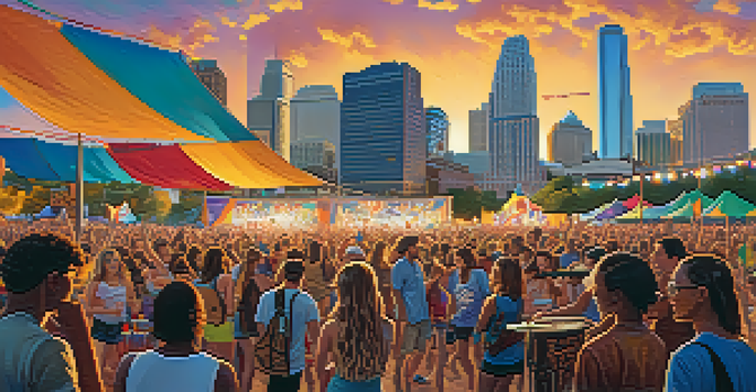 A lively music festival in Austin, with young musicians performing and an iconic skyline in the background.