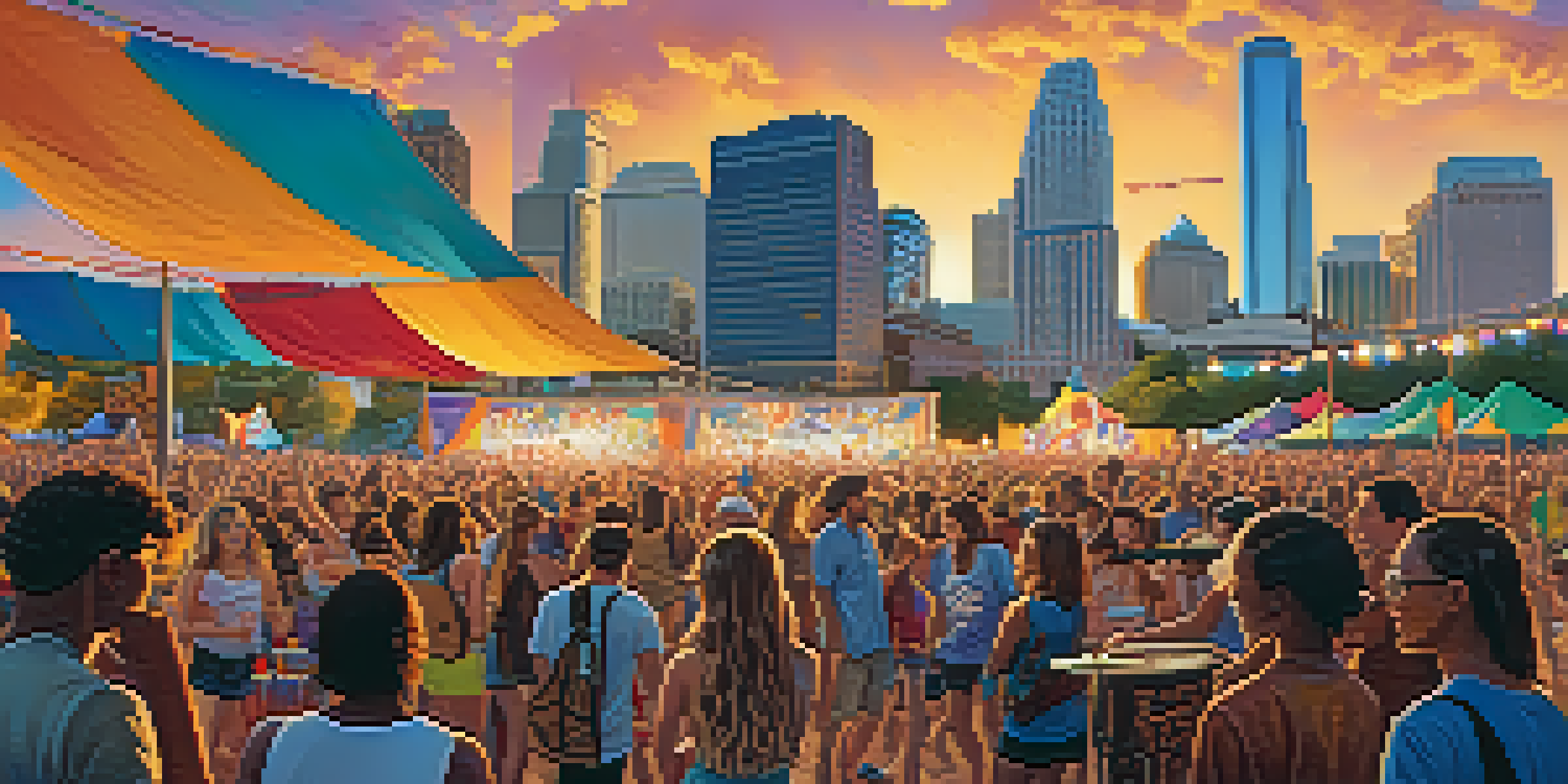 A lively music festival in Austin, with young musicians performing and an iconic skyline in the background.