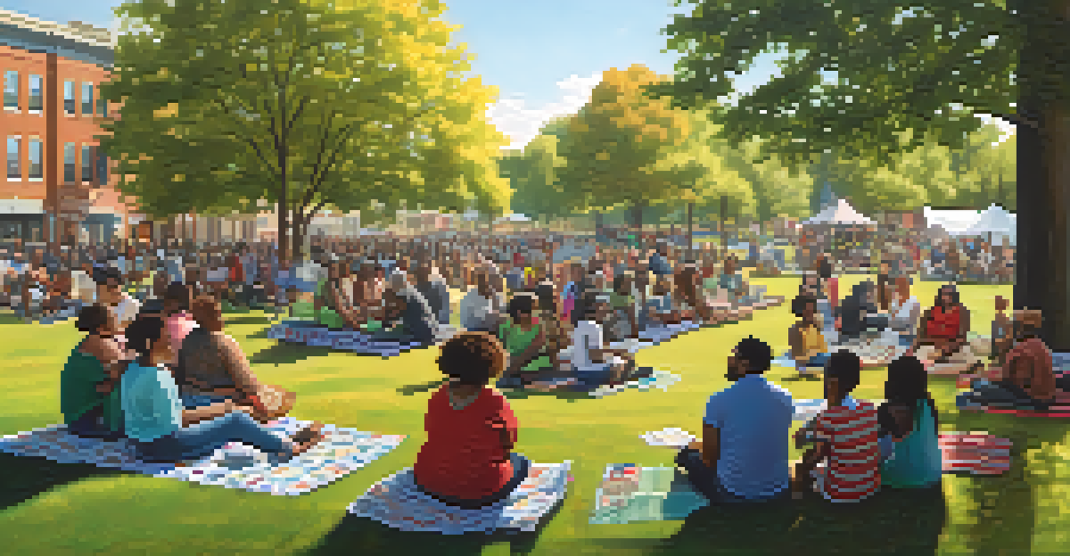 A diverse group of residents gathered in a park for a community meeting discussing neighborhood changes, with banners promoting unity in the background.
