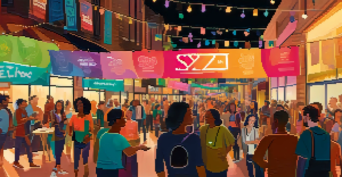 A lively scene of diverse attendees networking at the SXSW festival, surrounded by colorful banners and bright lighting.