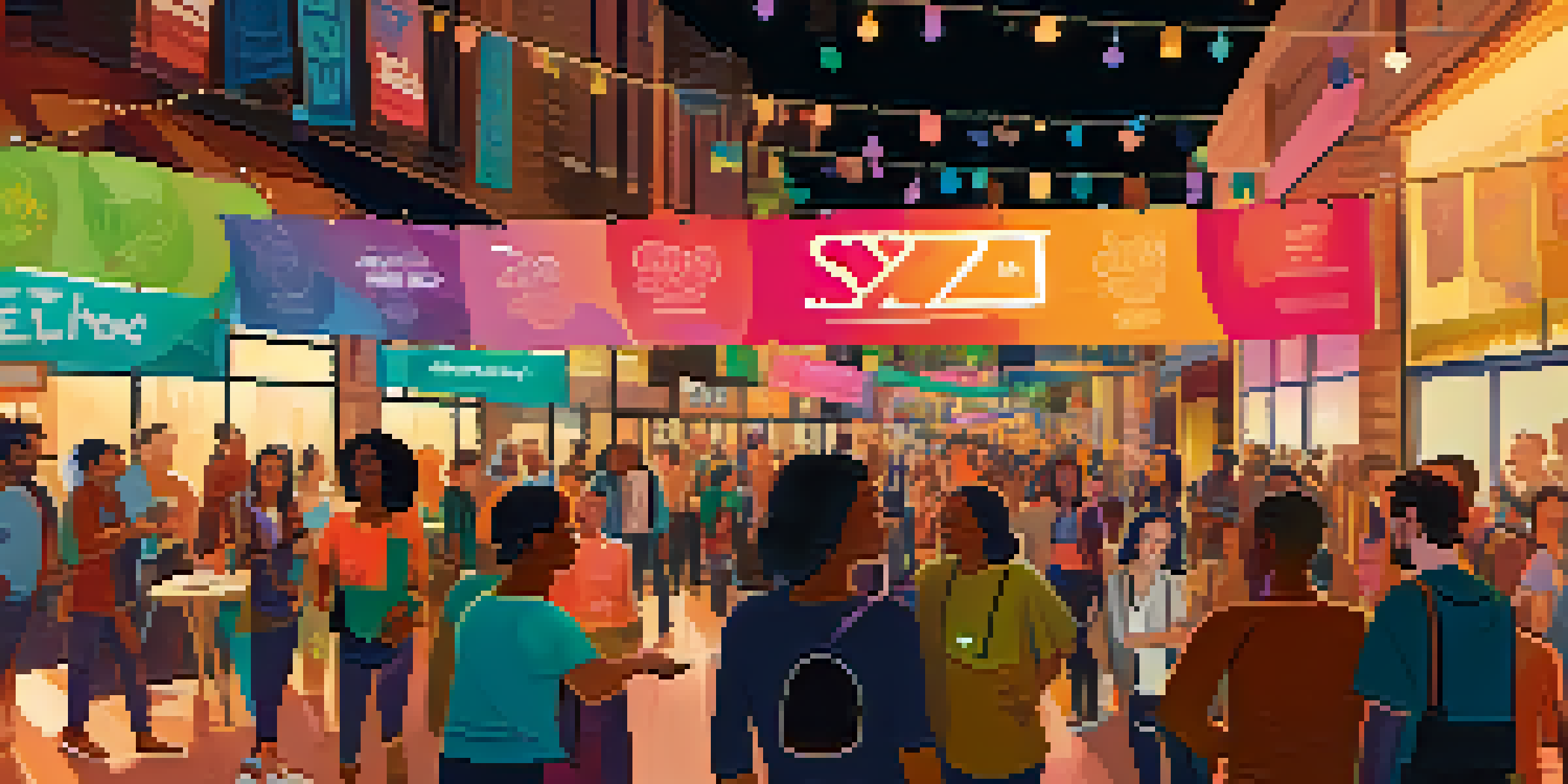 A lively scene of diverse attendees networking at the SXSW festival, surrounded by colorful banners and bright lighting.
