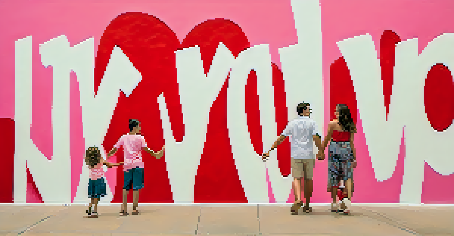 A family of four smiling and posing in front of the 'I Love You So Much' mural, which has large colorful letters on a white background.