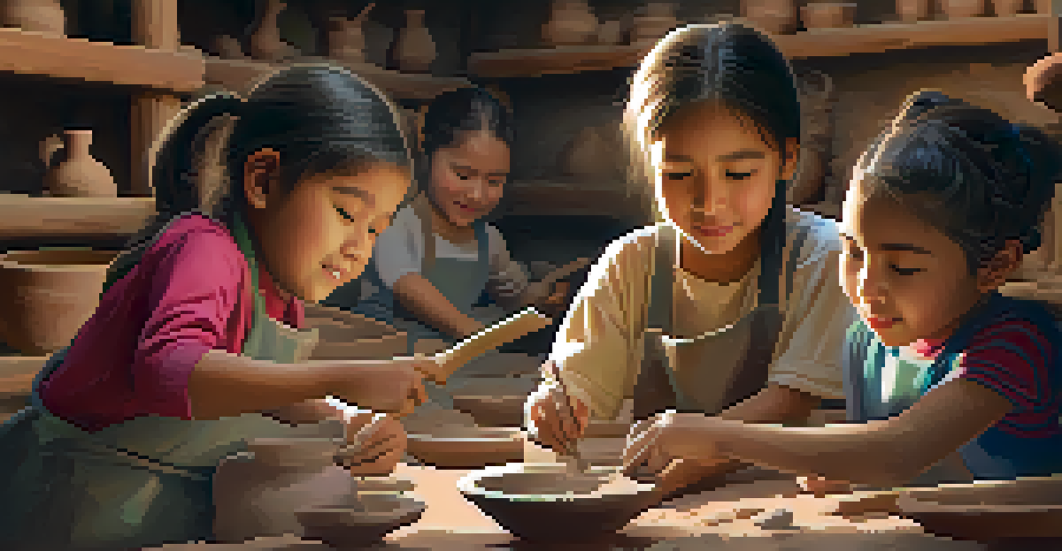 Children participating in a pottery-making workshop, focused on their craft with colorful clay around them.