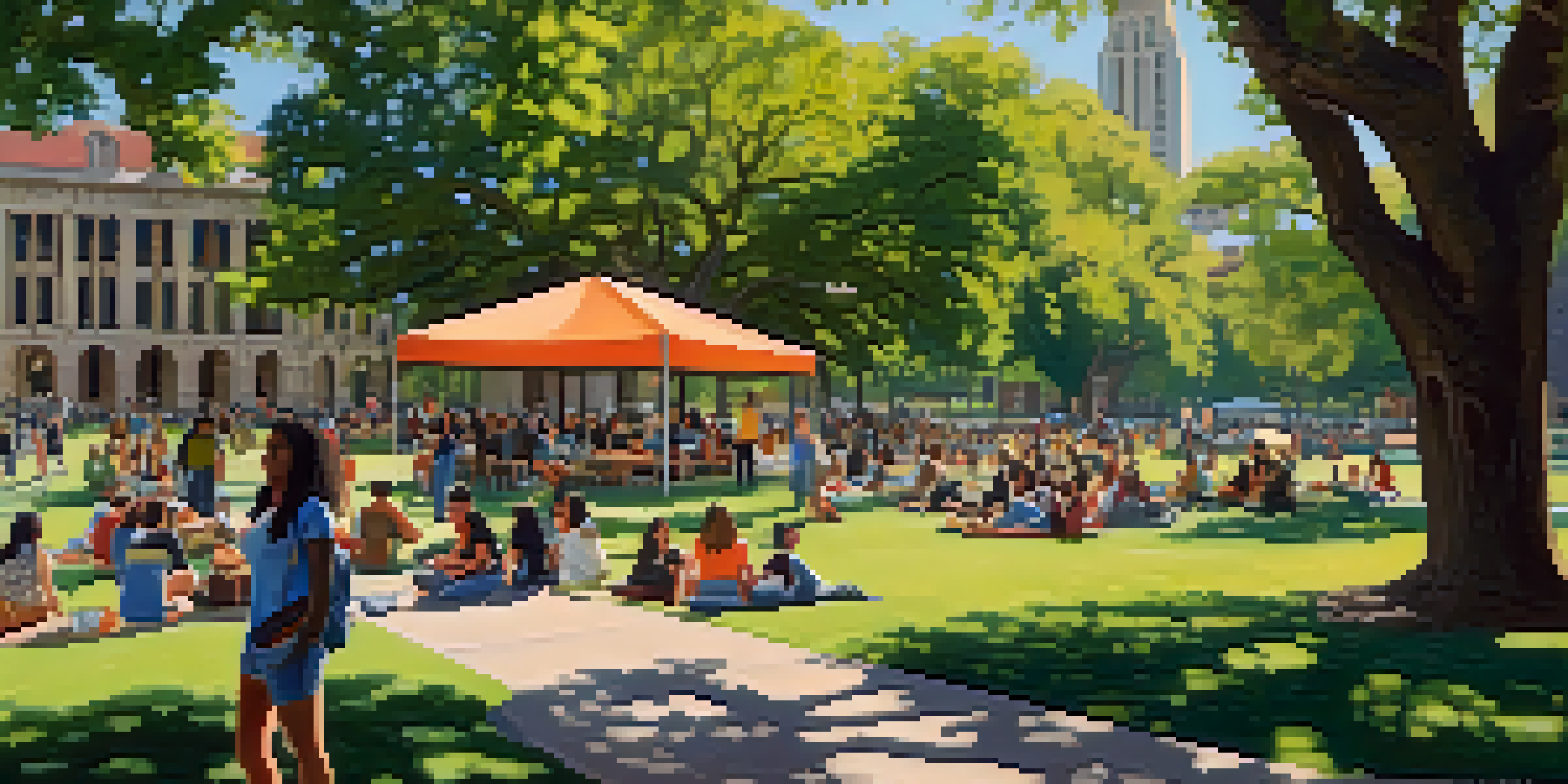 A lively university campus with students of different backgrounds studying and socializing on the lawn, with trees and the UT Austin tower in the background.