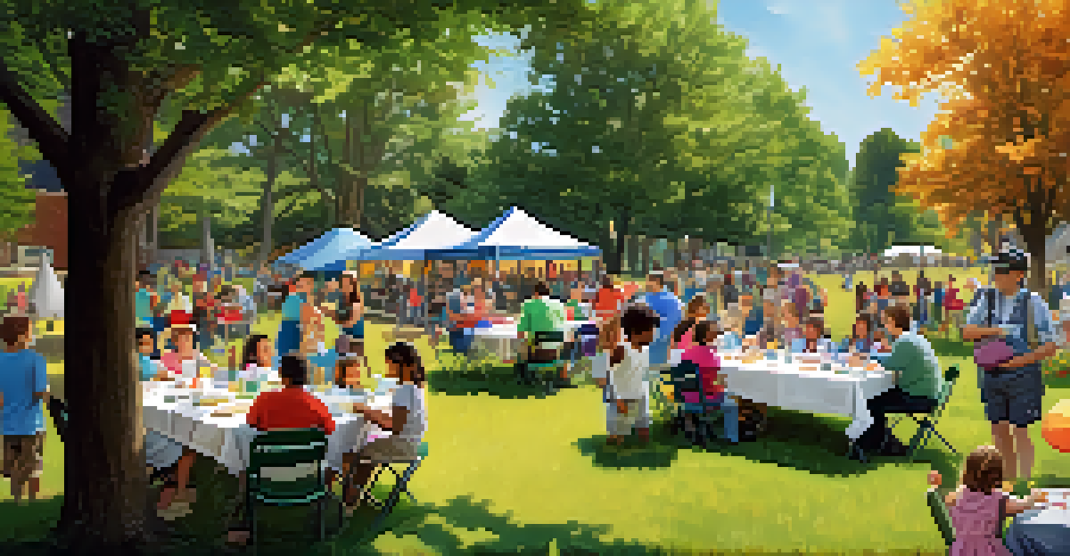 Families enjoying a hands-on history workshop at a community event, with colorful banners and artifacts in a sunny park.