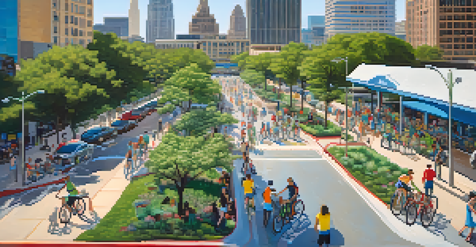 Aerial view of Austin showing a bike-sharing station with colorful bicycles and the city skyline in the background under a clear blue sky.