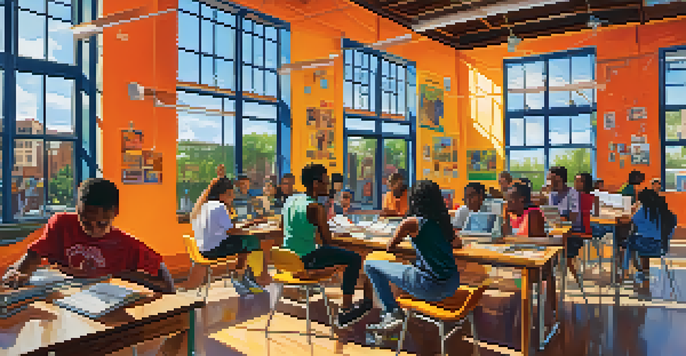 A lively community center in Austin filled with diverse young people involved in coding, art, and mentorship activities, illuminated by sunlight and adorned with inspiring murals.