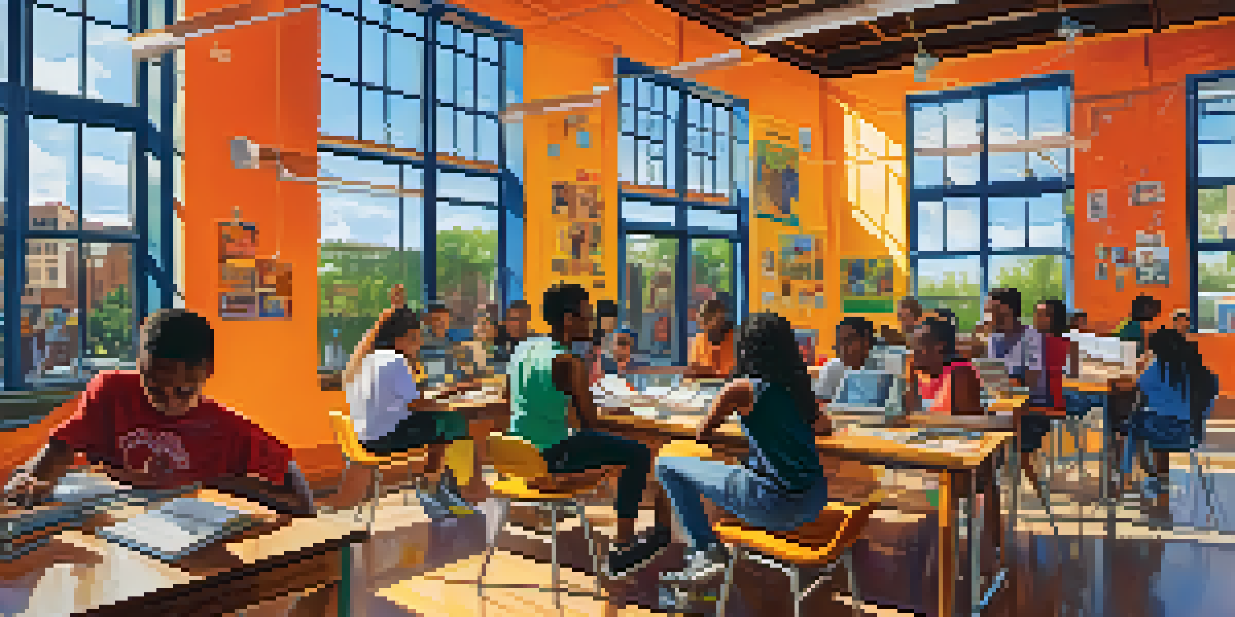 A lively community center in Austin filled with diverse young people involved in coding, art, and mentorship activities, illuminated by sunlight and adorned with inspiring murals.