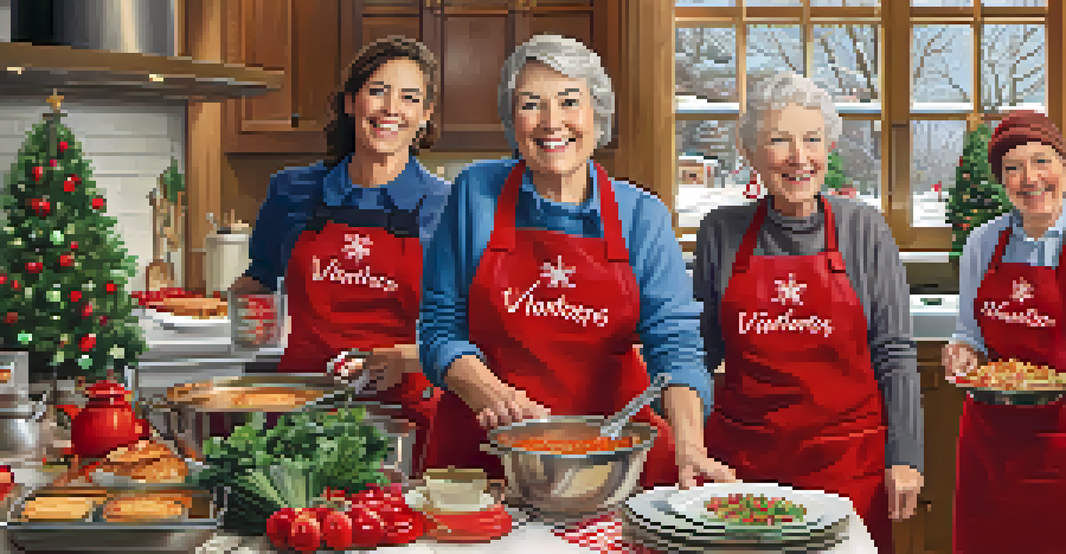 Volunteers in a cozy kitchen preparing holiday meals, wearing festive aprons and surrounded by holiday decorations.