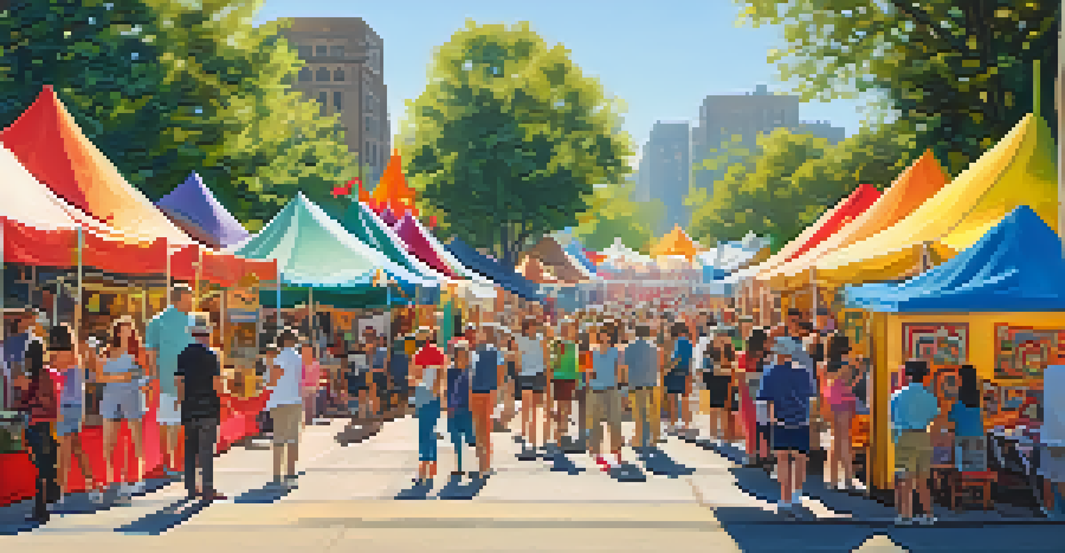 An outdoor art festival with artists showcasing their work and visitors enjoying the vibrant atmosphere.