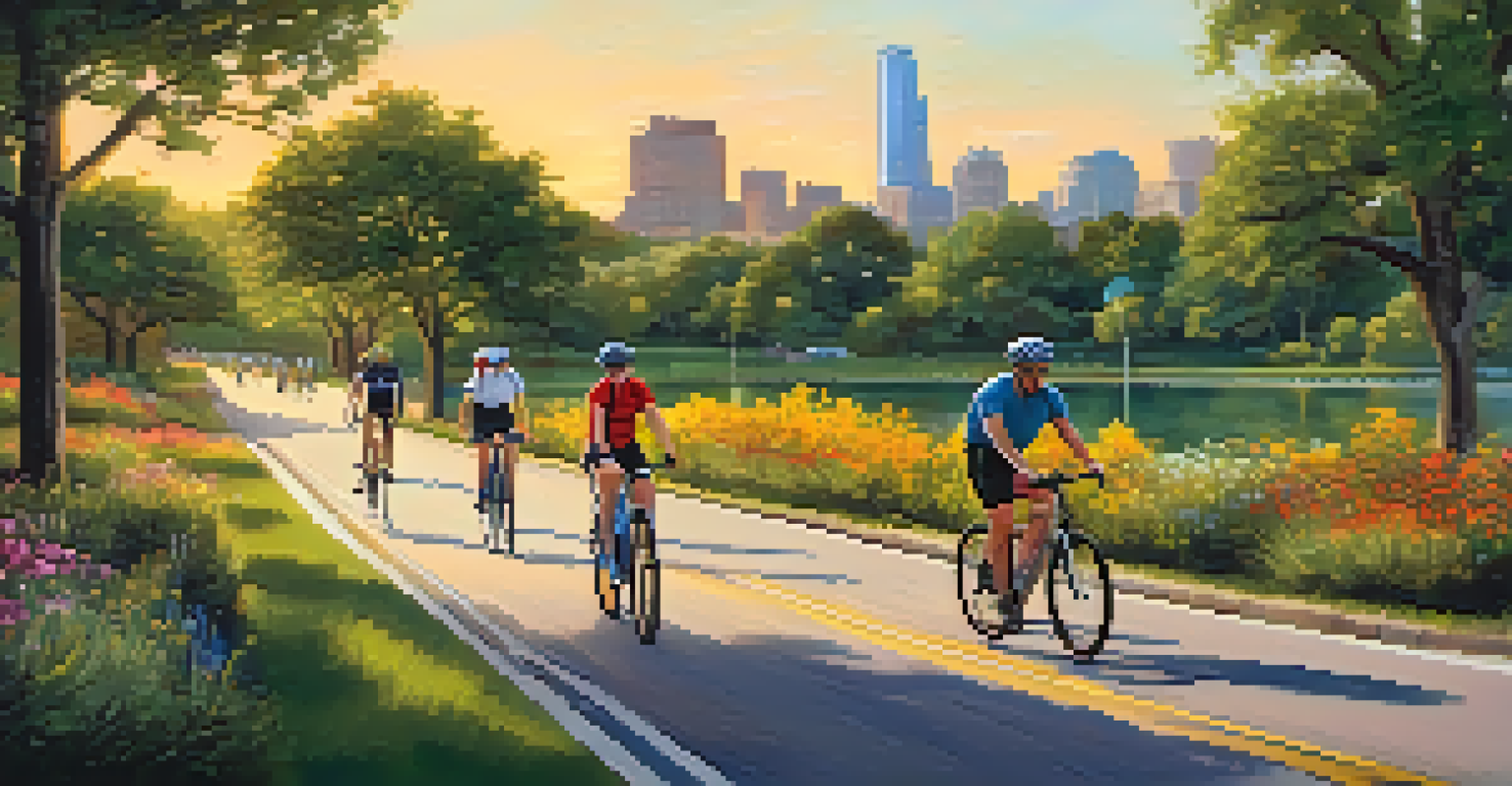 A scenic bike lane in Austin with cyclists, trees, and wildflowers, capturing the city's focus on sustainable cycling infrastructure.