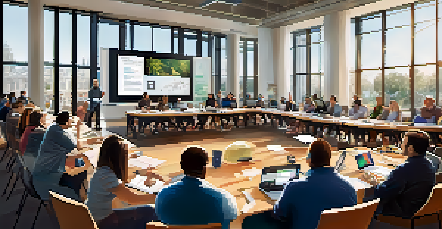 A workshop setting at a tech conference with diverse participants collaborating around a table, filled with natural light.