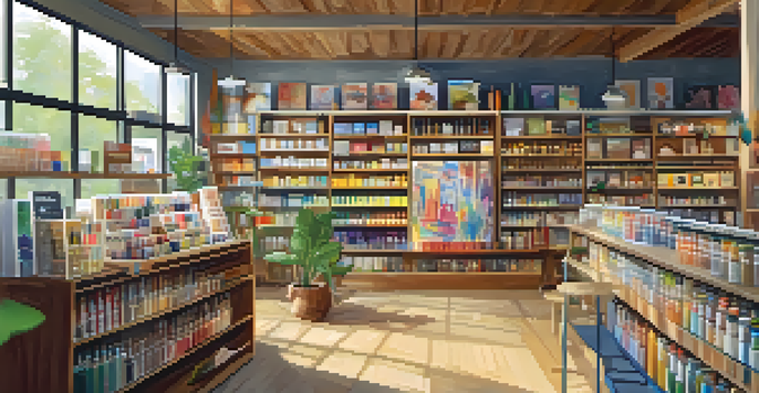 An interior view of an eco-friendly art supply store in Austin, filled with colorful art materials and artists shopping.