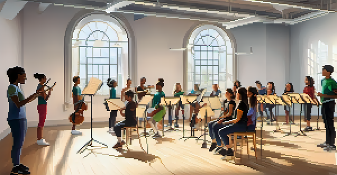 A group of young singers in a vocal training class, practicing in a bright studio filled with natural light and musical decorations.