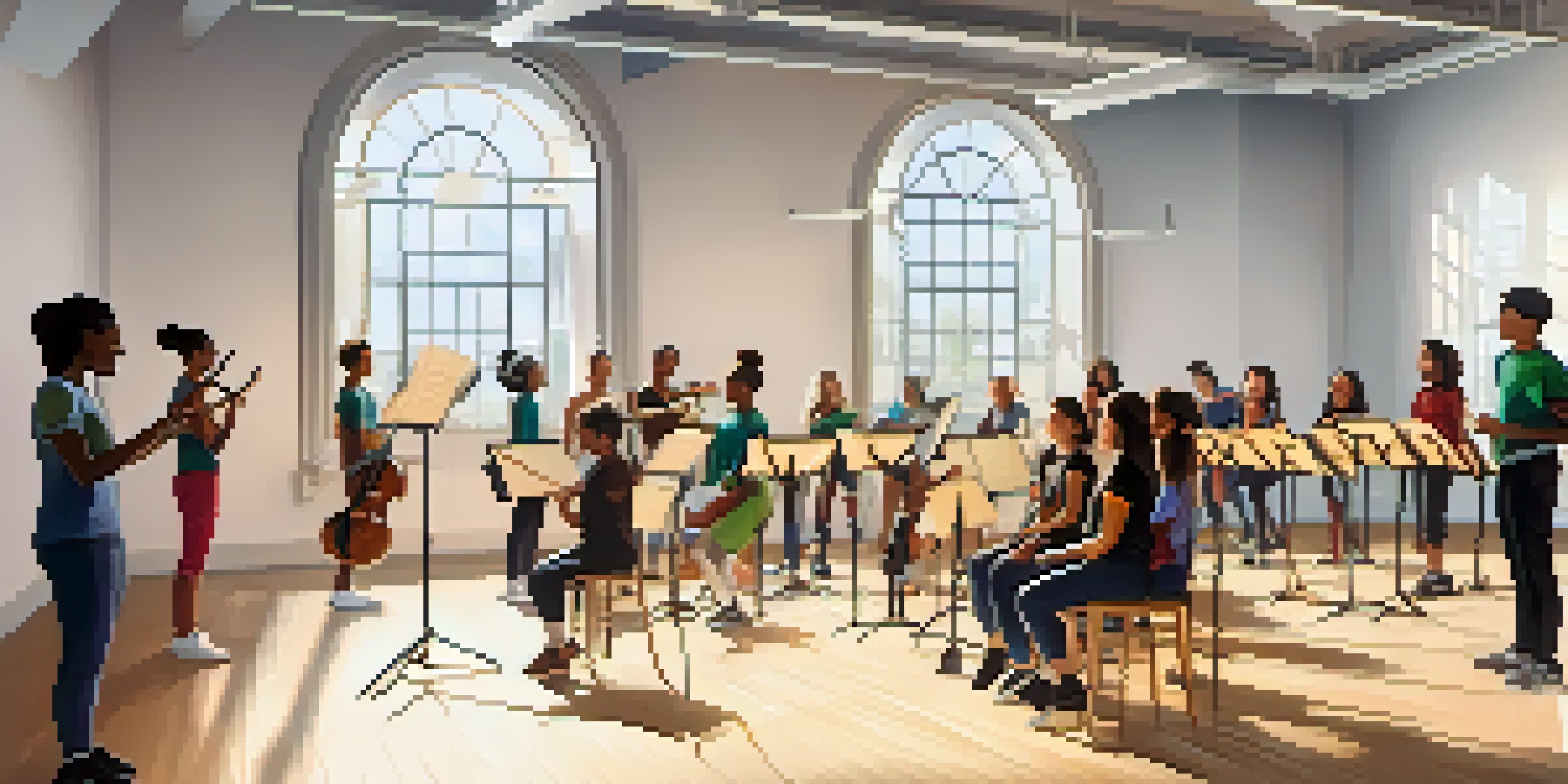 A group of young singers in a vocal training class, practicing in a bright studio filled with natural light and musical decorations.