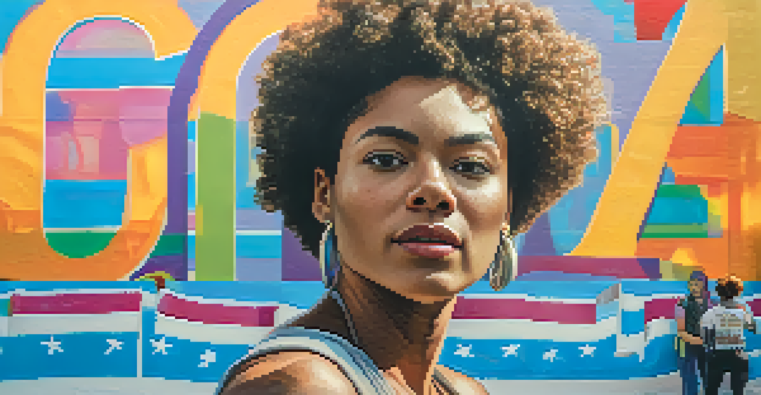 A determined LGBTQ+ activist holding a sign that says 'Equality for All', with a colorful mural in the background and soft sunlight illuminating the scene.