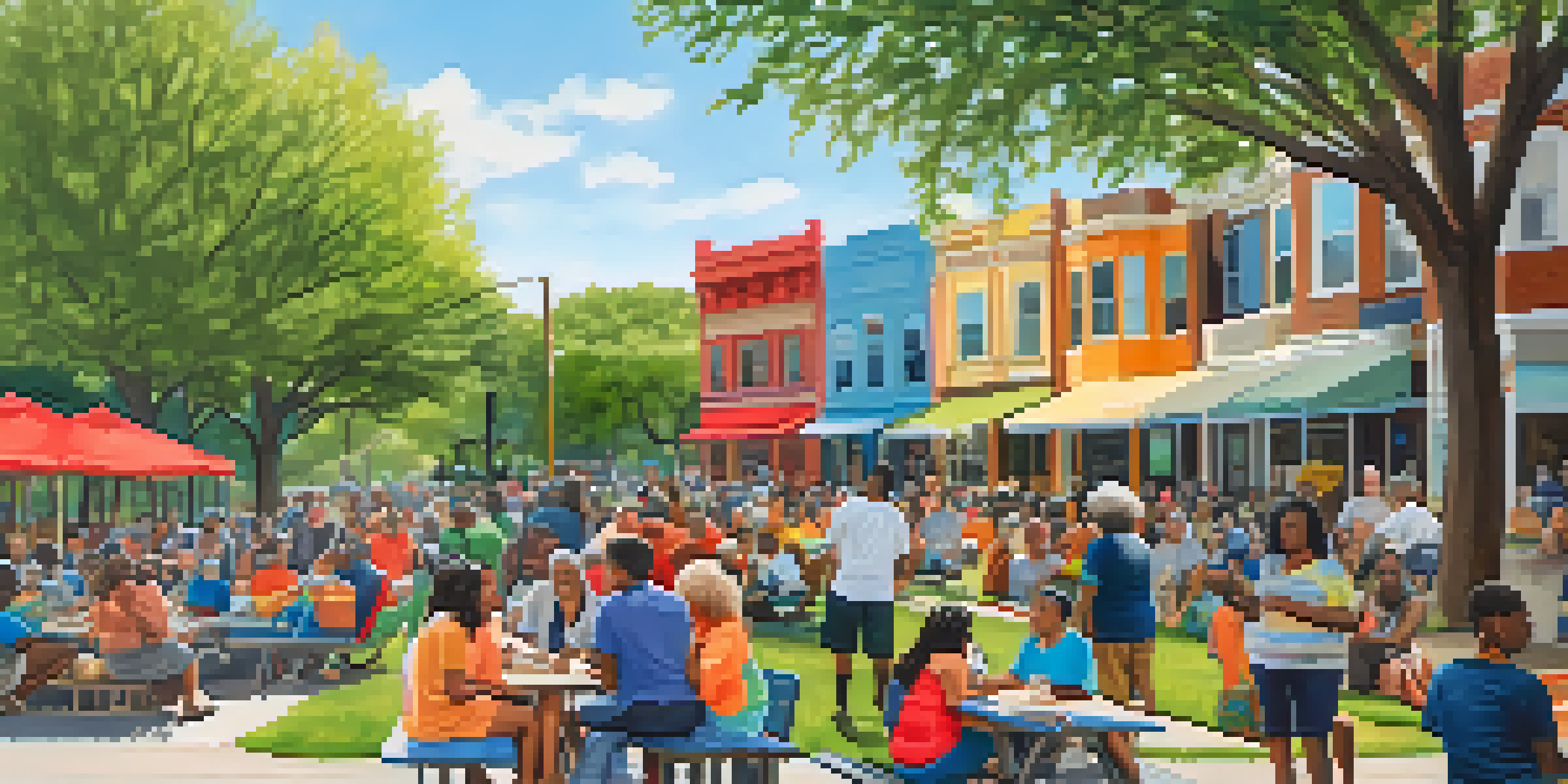 A lively community meeting in a park, featuring diverse residents discussing affordable housing initiatives with colorful banners and trees around them.