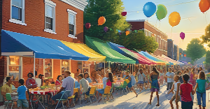 A lively block party with families and children enjoying food and activities under colorful decorations.