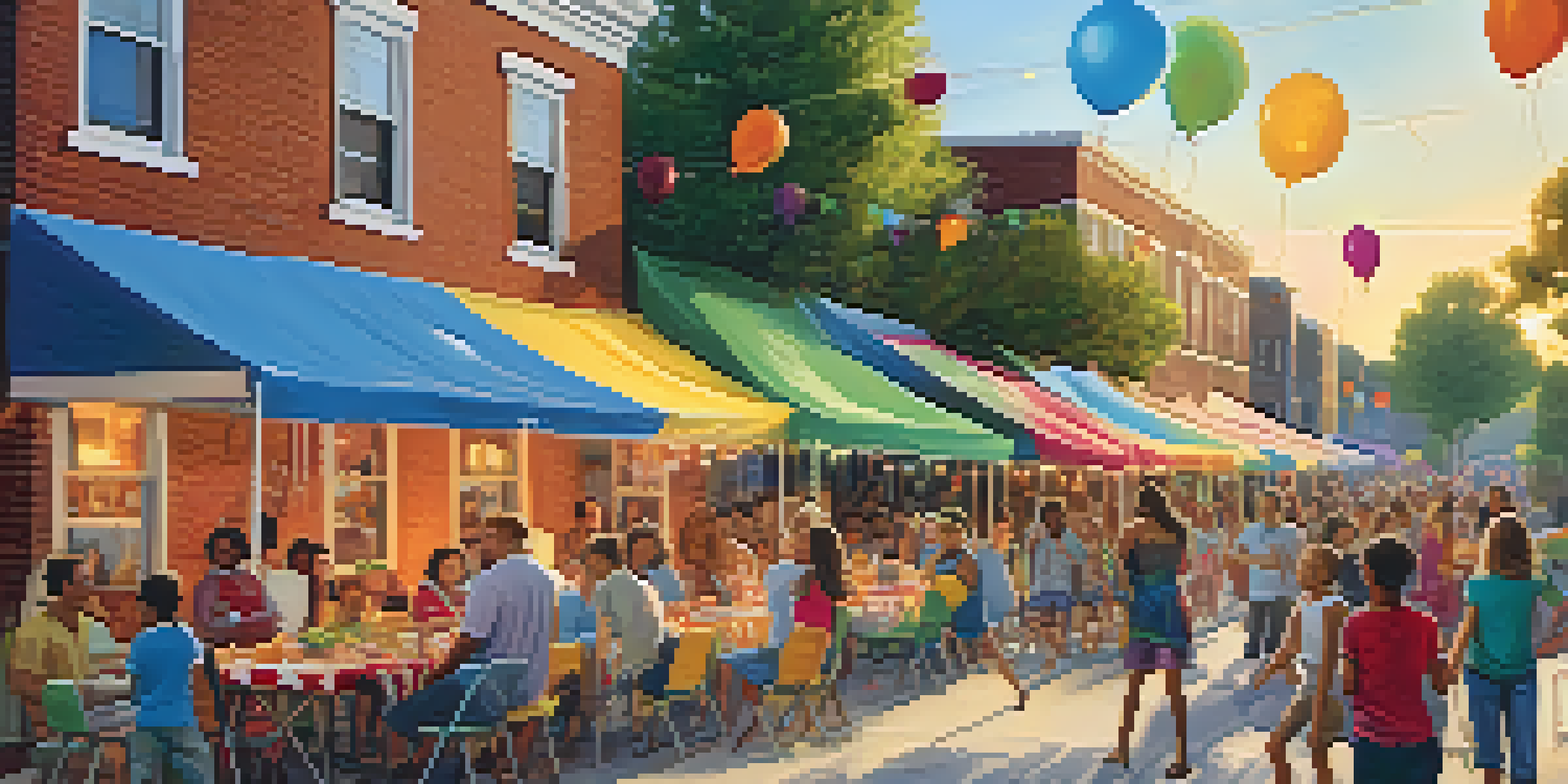 A lively block party with families and children enjoying food and activities under colorful decorations.