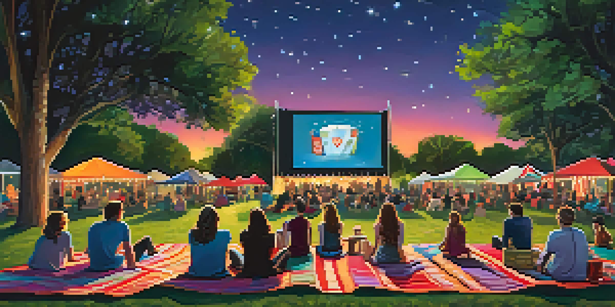 Families enjoying an outdoor movie night in Zilker Park, with a large screen and colorful blankets under a starry sky.