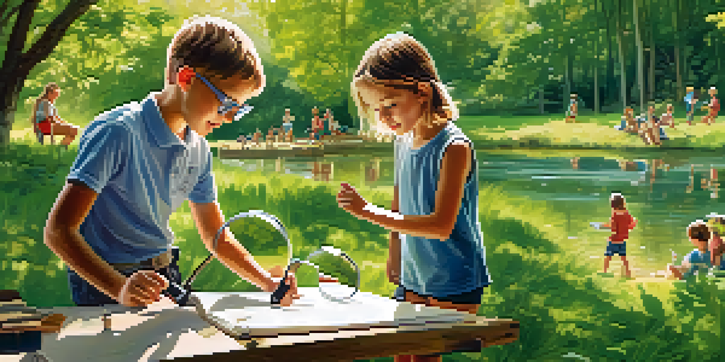 Kids exploring nature in a park during a STEM summer camp, using magnifying glasses and surrounded by trees and a pond.