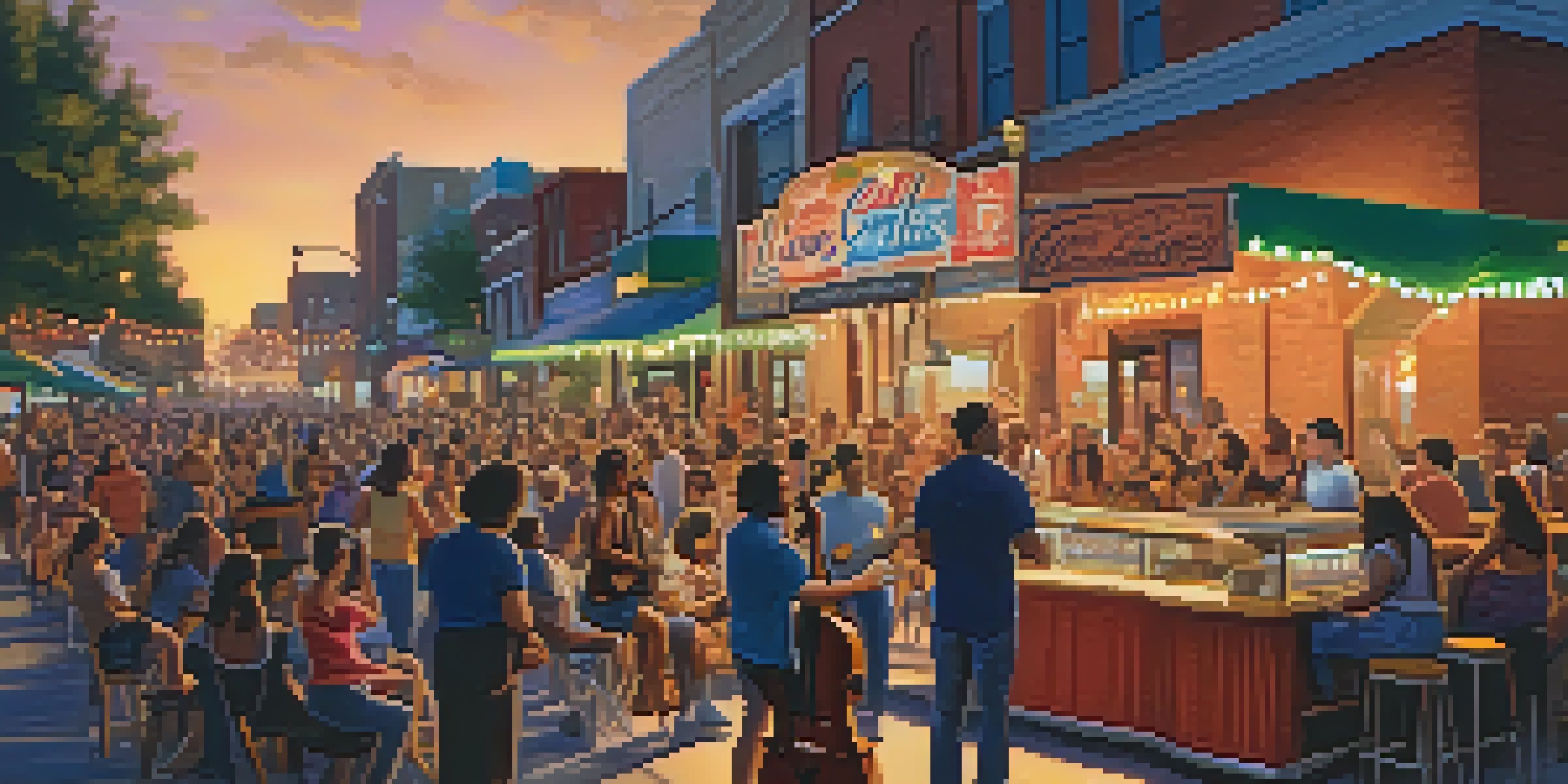 A lively outdoor music performance in Austin with diverse audiences enjoying the event under warm sunset lighting.