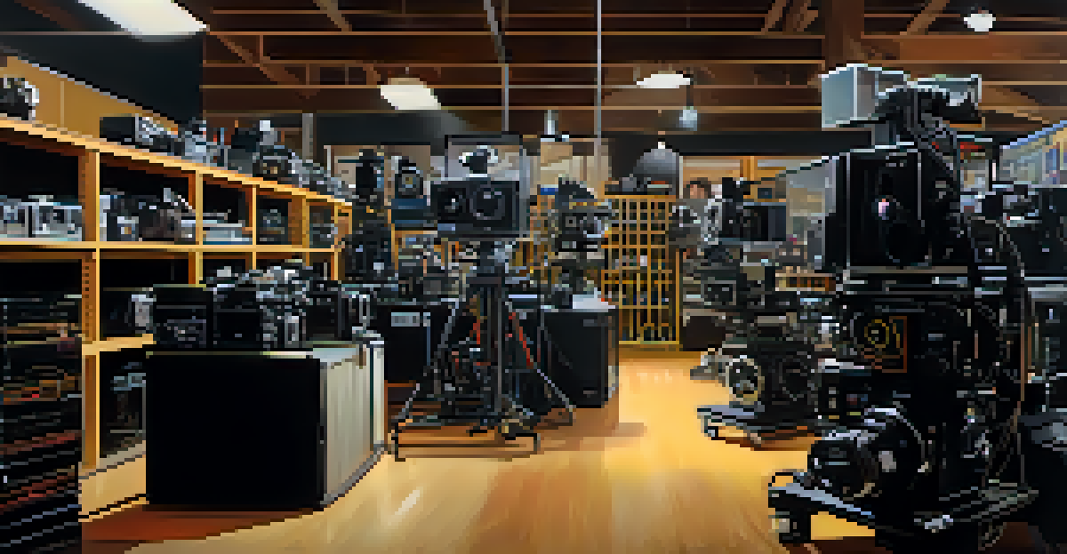 An equipment rental house in Austin with filmmakers discussing gear options, surrounded by various cameras and lighting equipment on display.