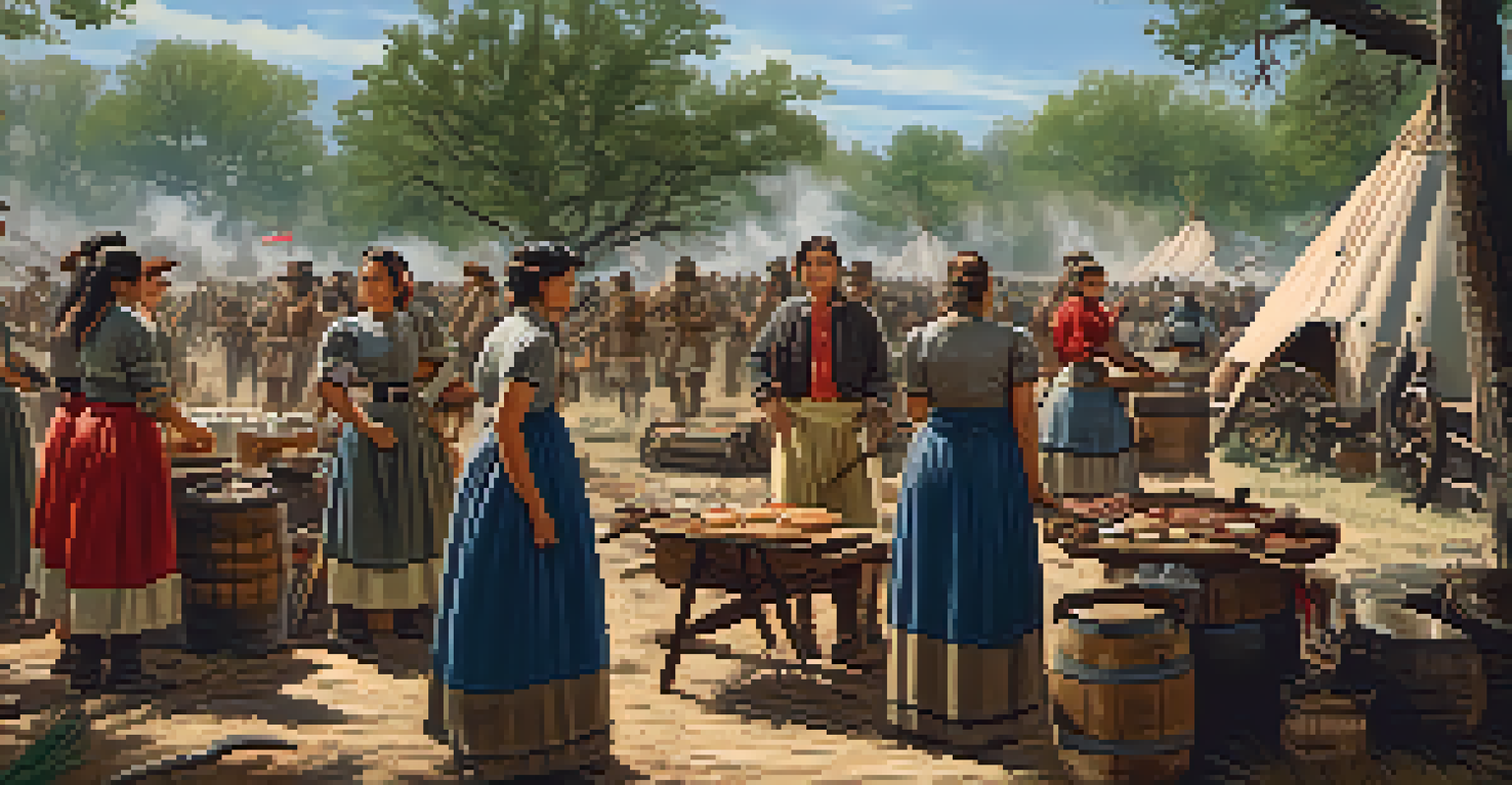 Women in period clothing supporting the Texian army by preparing food and supplies in a rustic camp during the Battle of San Jacinto.