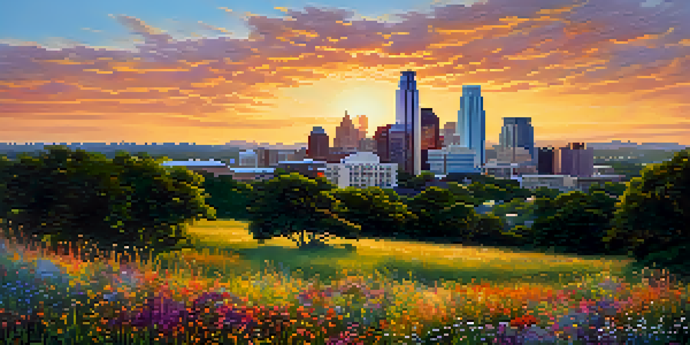 A sunset view of Austin, Texas, with wildflowers in the foreground and the city skyline in the background.