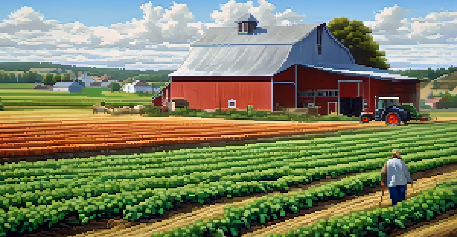 A picturesque countryside farm with vegetable crops, a rustic barn, and a farmer tending to the land under a clear sky.