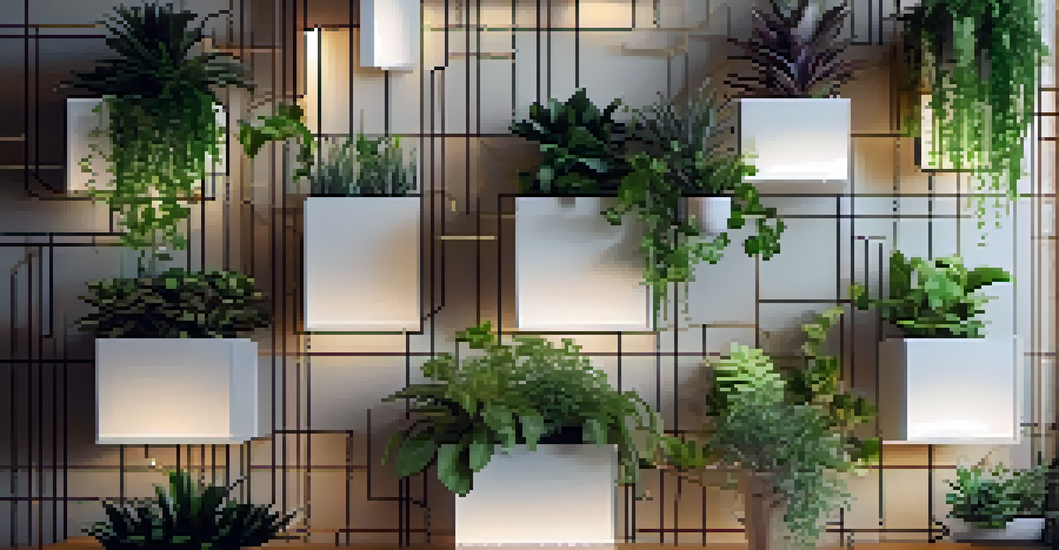 A stylish indoor vertical garden with houseplants arranged in geometric patterns on a wall, illuminated by soft ambient lighting.