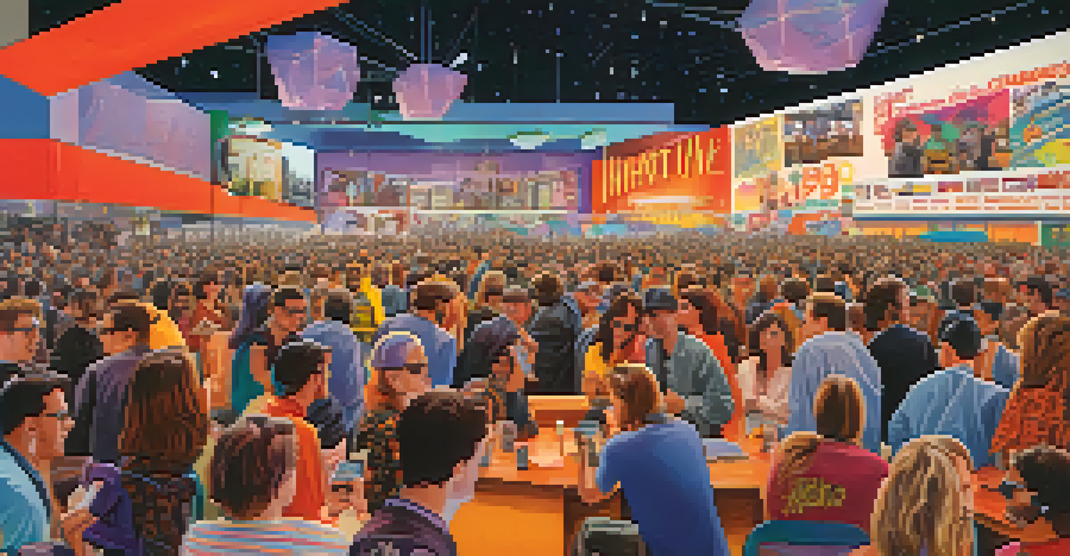 A vibrant scene at the SXSW Film Festival in the 1990s showing filmmakers and attendees engaged in discussions with a stage in the background.