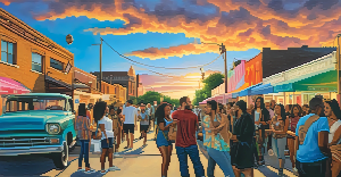 A lively community event in Austin with diverse individuals participating, colorful murals in the background, and a warm sunset lighting the scene.