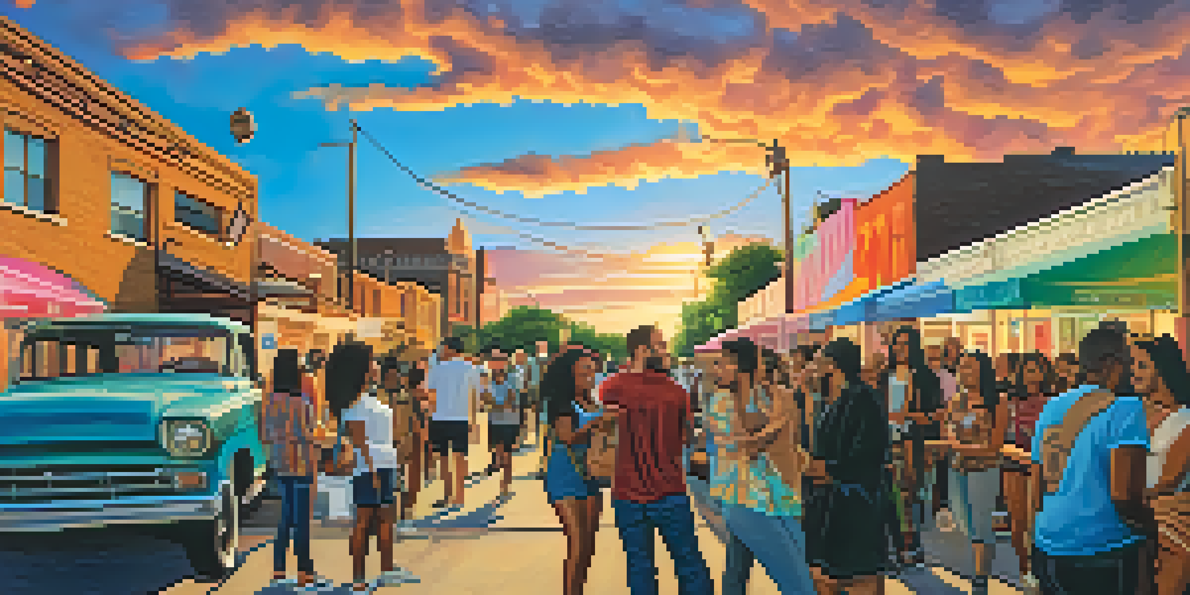 A lively community event in Austin with diverse individuals participating, colorful murals in the background, and a warm sunset lighting the scene.